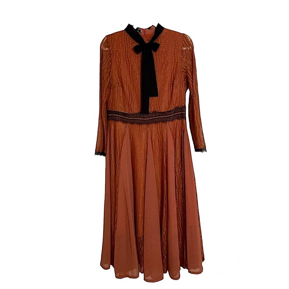 Tina Nordstrom Rust Orange Retro Black Lace Bow Midi Long Sleeve Dress Sz XL